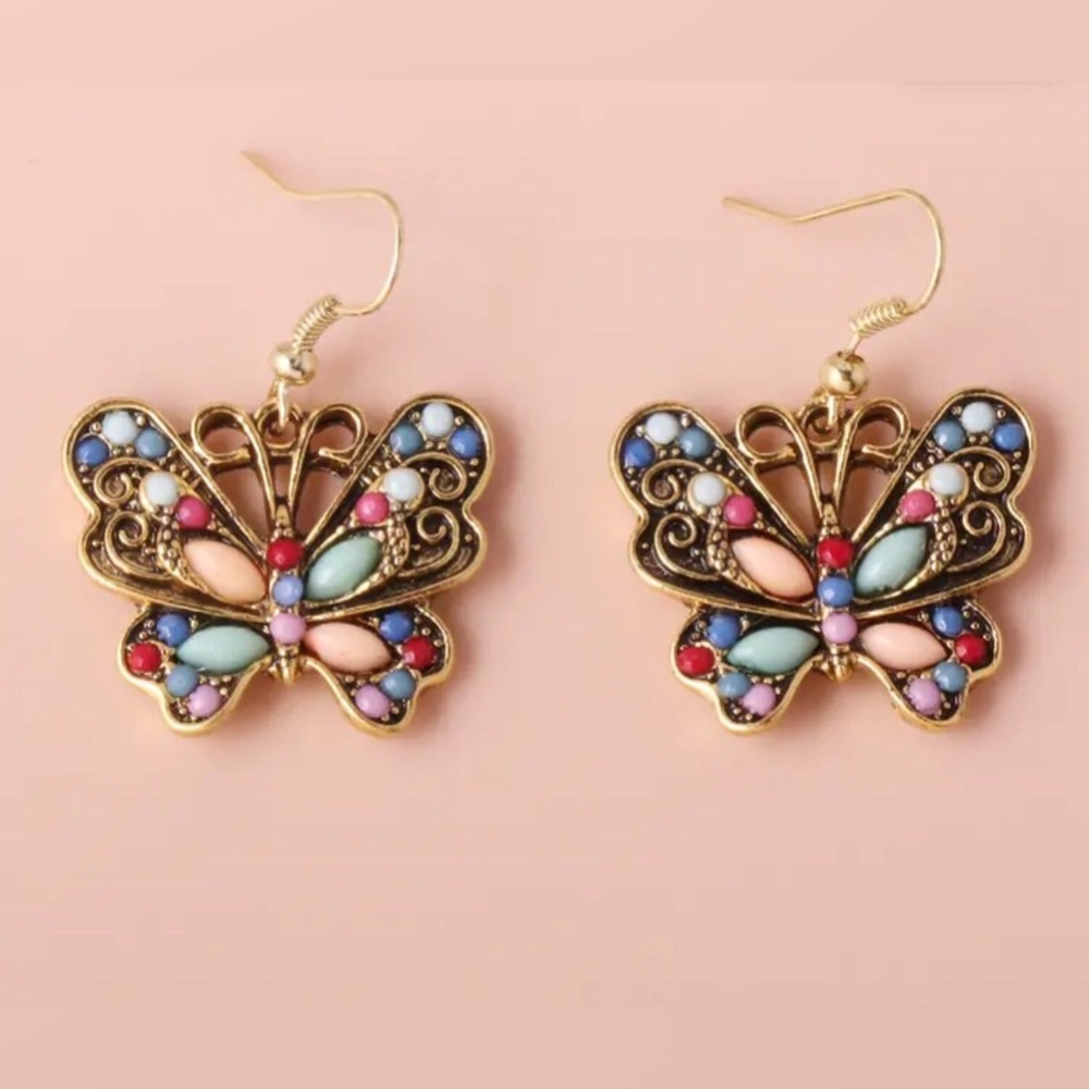 Colorful Butterfly Vintage Style Pendant Dangle Drop Earrings